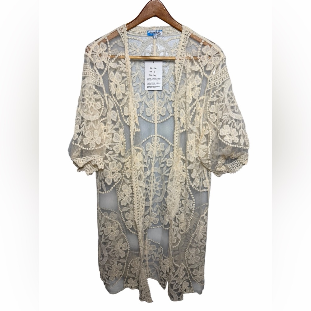 Ivory Floral Lace Kimono Cardigan Bohemian L/XL